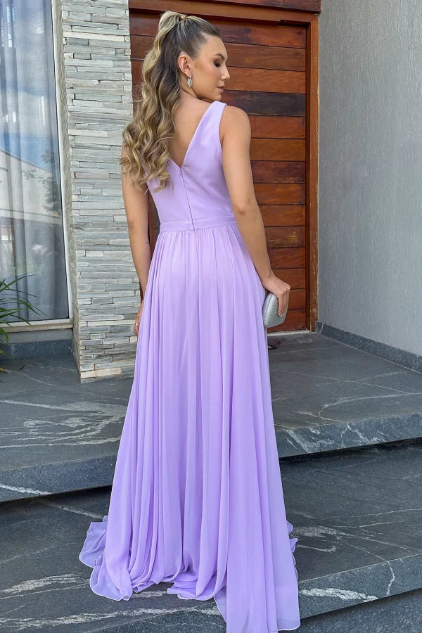 Elegant A-Line V-Neck Pleated Beaded Lavender Floor-Length Prom Dress