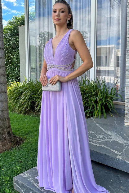 Elegant A-Line V-Neck Pleated Beaded Lavender Floor-Length Prom Dress