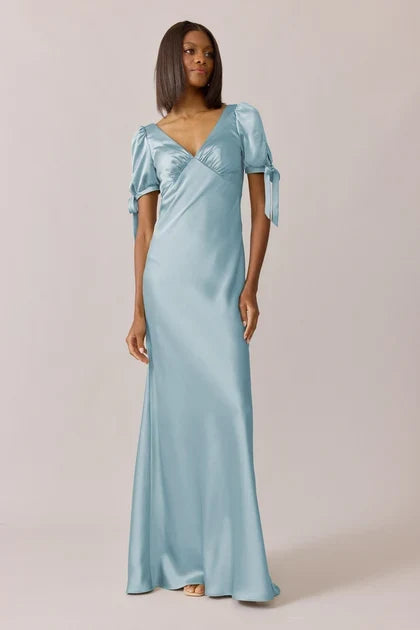 Elegant A-Line V-Neck Puff Sleeve Romantic Light Blue Floor-Length Bridesmaid Dress