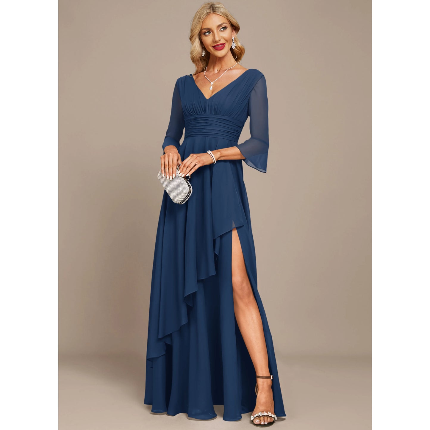 Elegant A-Line V-Neck Ruched Navy Blue Floor-Length Mother of the Bride Gown