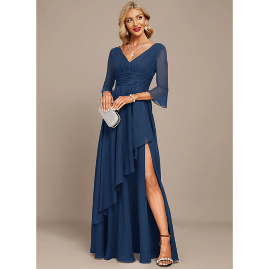 Elegant A-Line V-Neck Ruched Navy Blue Floor-Length Mother of the Bride Gown