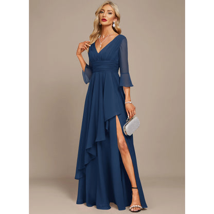 Elegant A-Line V-Neck Ruched Navy Blue Floor-Length Mother of the Bride Gown