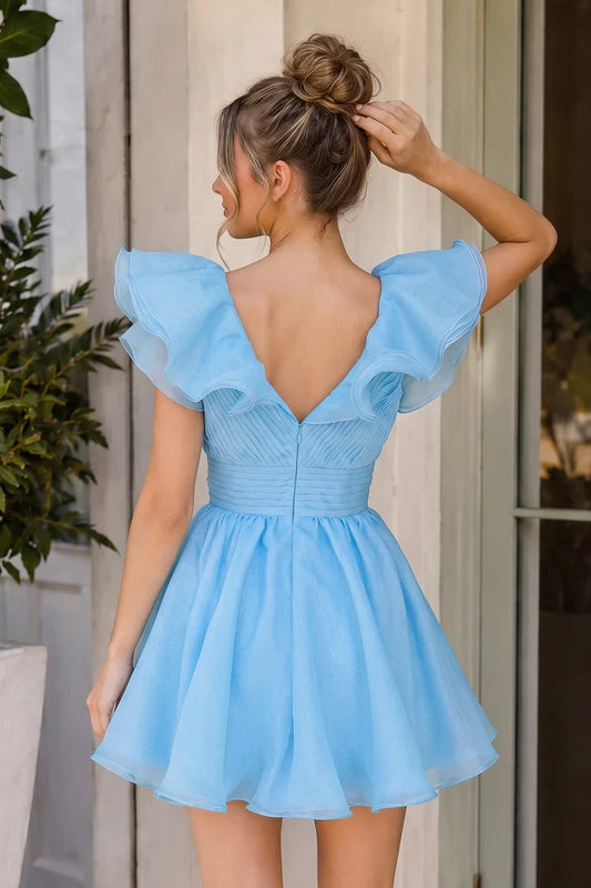 Elegant A-Line V-Neck Ruffled Pleated Sky Blue Short Homecoming Dress