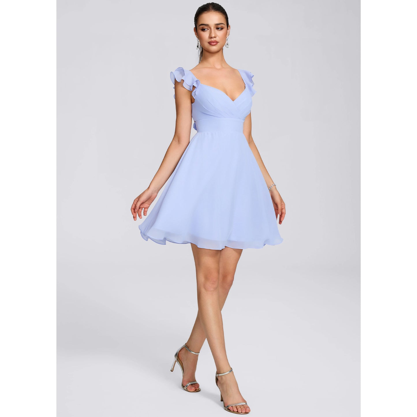 Elegant A-Line V-Neck Ruffled Short Light Blue Homecoming Dress for Women