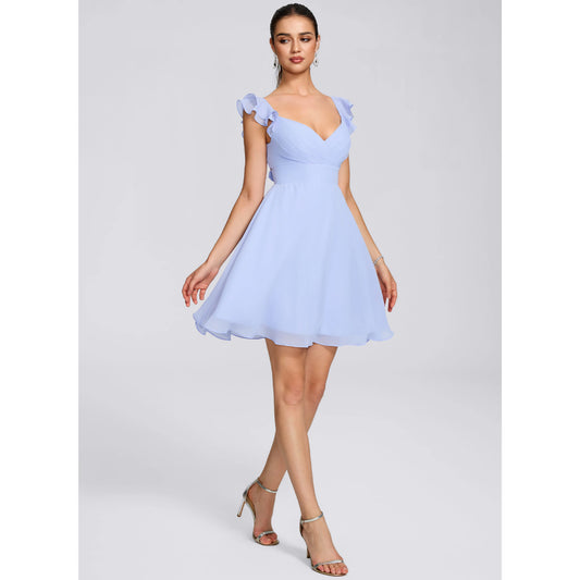 Elegant A-Line V-Neck Ruffled Short Light Blue Homecoming Dress for Women