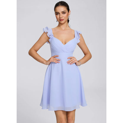 Elegant A-Line V-Neck Ruffled Short Light Blue Homecoming Dress for Women
