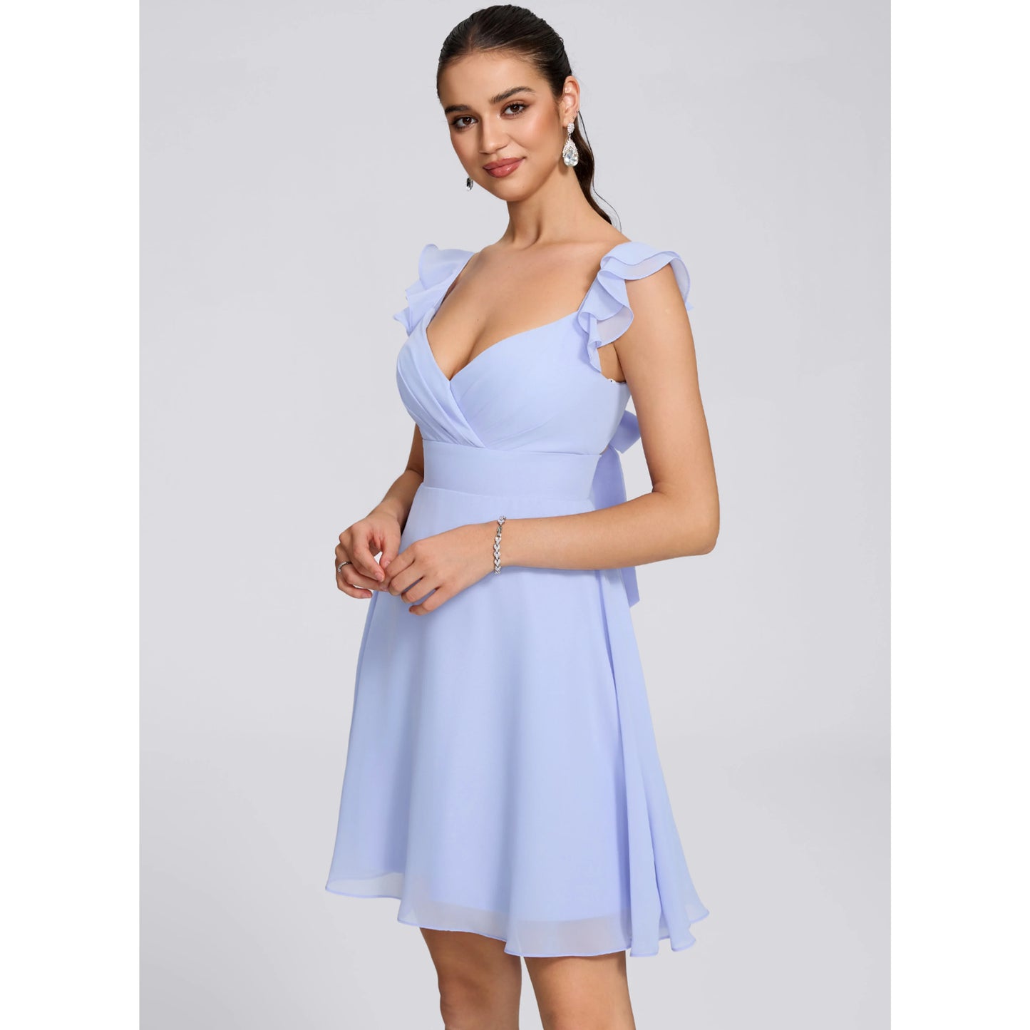 Elegant A-Line V-Neck Ruffled Short Light Blue Homecoming Dress for Women