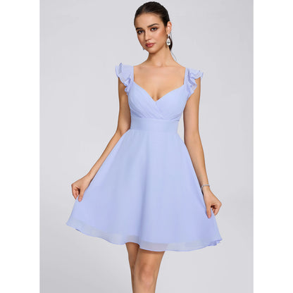 Elegant A-Line V-Neck Ruffled Short Light Blue Homecoming Dress for Women