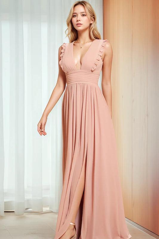 Elegant A-Line V-Neck Ruffled Slit Blush Pink Floor-Length Prom Dresses