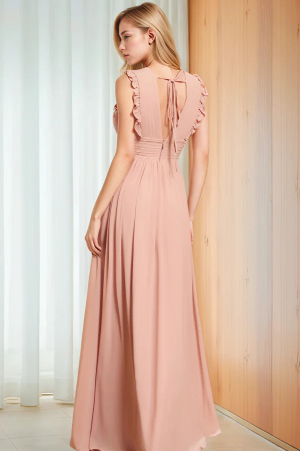 Elegant A-Line V-Neck Ruffled Slit Blush Pink Floor-Length Prom Dresses
