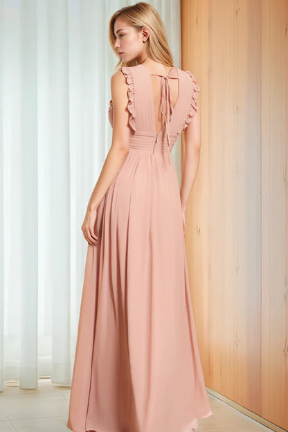 Elegant A-Line V-Neck Ruffled Slit Blush Pink Floor-Length Prom Dresses