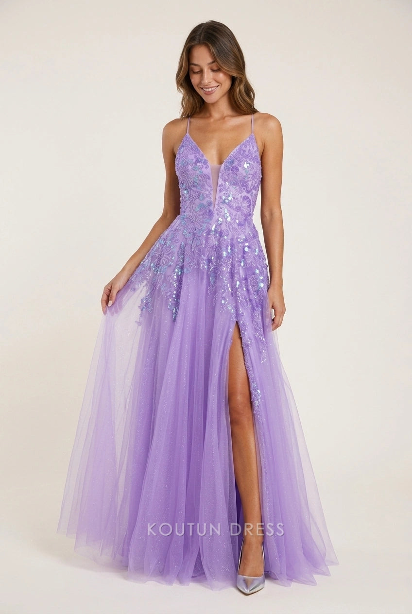 Elegant A-Line V-Neck Sequin Glitter Lavender Floor-Length Prom Dresses