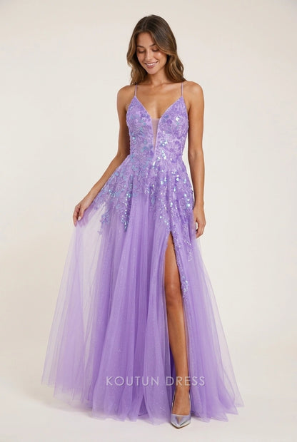 Elegant A-Line V-Neck Sequin Glitter Lavender Floor-Length Prom Dresses