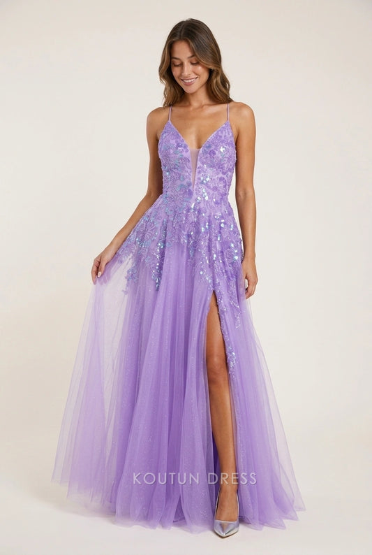 Elegant A-Line V-Neck Sequin Glitter Lavender Floor-Length Prom Dresses