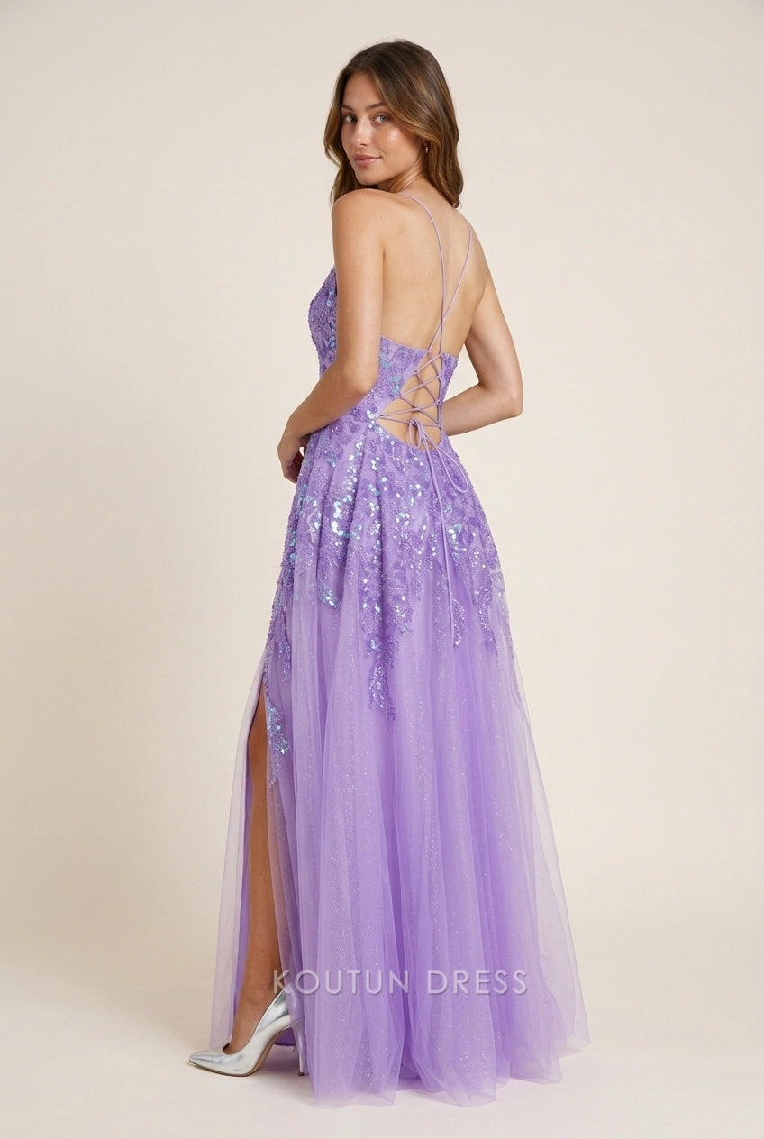 Elegant A-Line V-Neck Sequin Glitter Lavender Floor-Length Prom Dresses