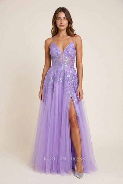 Elegant A-Line V-Neck Sequin Glitter Lavender Floor-Length Prom Dresses