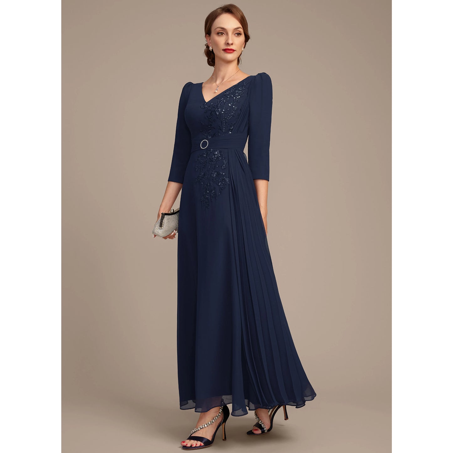 Elegant A-Line V-Neck Sequin Navy Floor-Length Mother of the Bride Gown