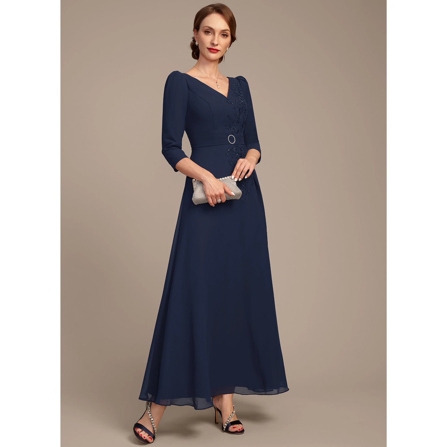 Elegant A-Line V-Neck Sequin Navy Floor-Length Mother of the Bride Gown