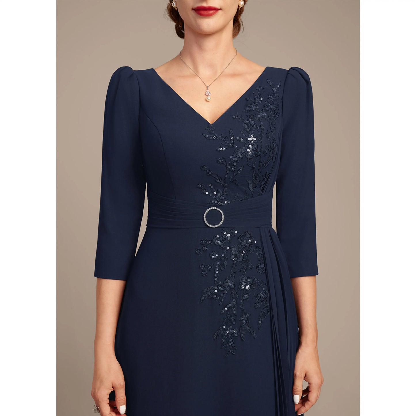 Elegant A-Line V-Neck Sequin Navy Floor-Length Mother of the Bride Gown