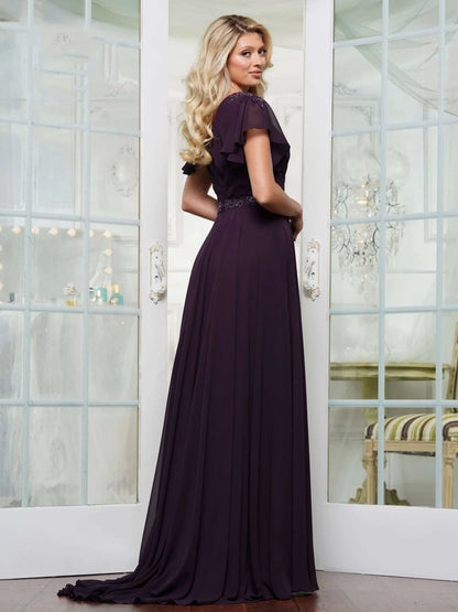 Elegant A-Line V-Neck Short-Sleeve Beaded Eggplant Mother of the Bride Dress