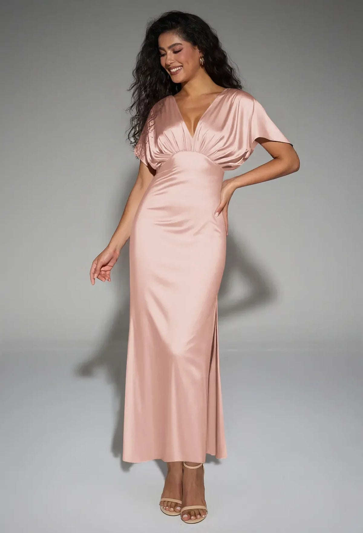 Elegant A-Line V-Neck Short-Sleeve Pleated Slit Pink Maxi Bridesmaid Dress Women