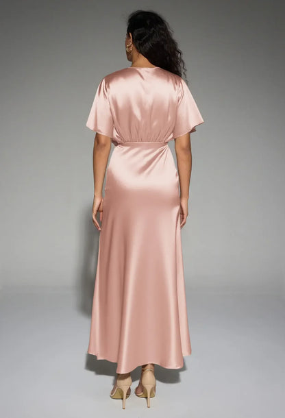 Elegant A-Line V-Neck Short-Sleeve Pleated Slit Pink Maxi Bridesmaid Dress Women