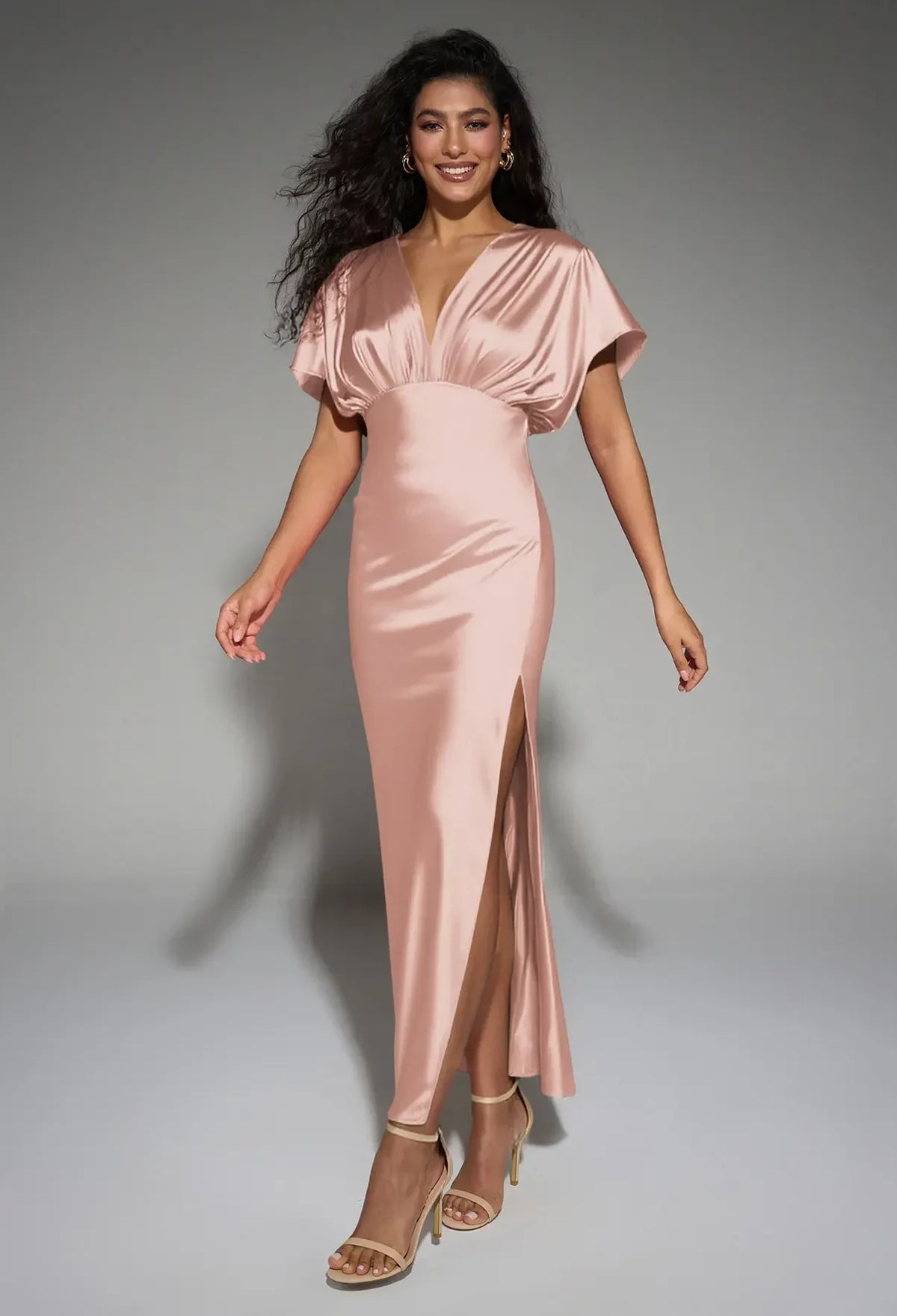 Elegant A-Line V-Neck Short-Sleeve Pleated Slit Pink Maxi Bridesmaid Dress Women