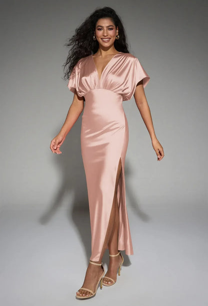 Elegant A-Line V-Neck Short-Sleeve Pleated Slit Pink Maxi Bridesmaid Dress Women