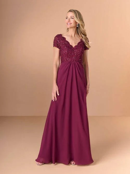 Elegant A-Line V-Neck Short-Sleeve Sparkling Burgundy Floor-Length Mother-of-the-Bride Dress Gown