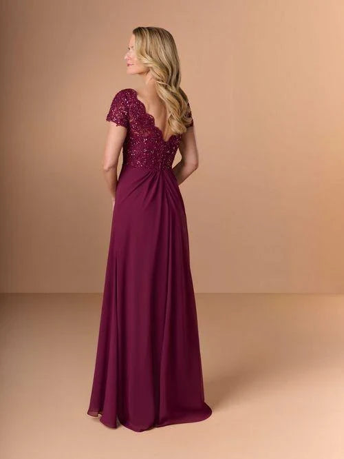 Elegant A-Line V-Neck Short-Sleeve Sparkling Burgundy Floor-Length Mother-of-the-Bride Dress Gown