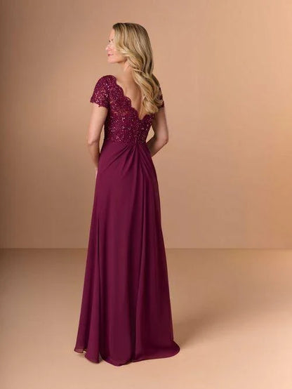 Elegant A-Line V-Neck Short-Sleeve Sparkling Burgundy Floor-Length Mother-of-the-Bride Dress Gown