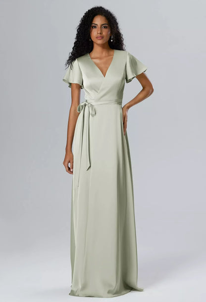 Elegant A-Line V-Neck Short-Sleeve Wrap Slit Sage Long Bridesmaid Dress Women