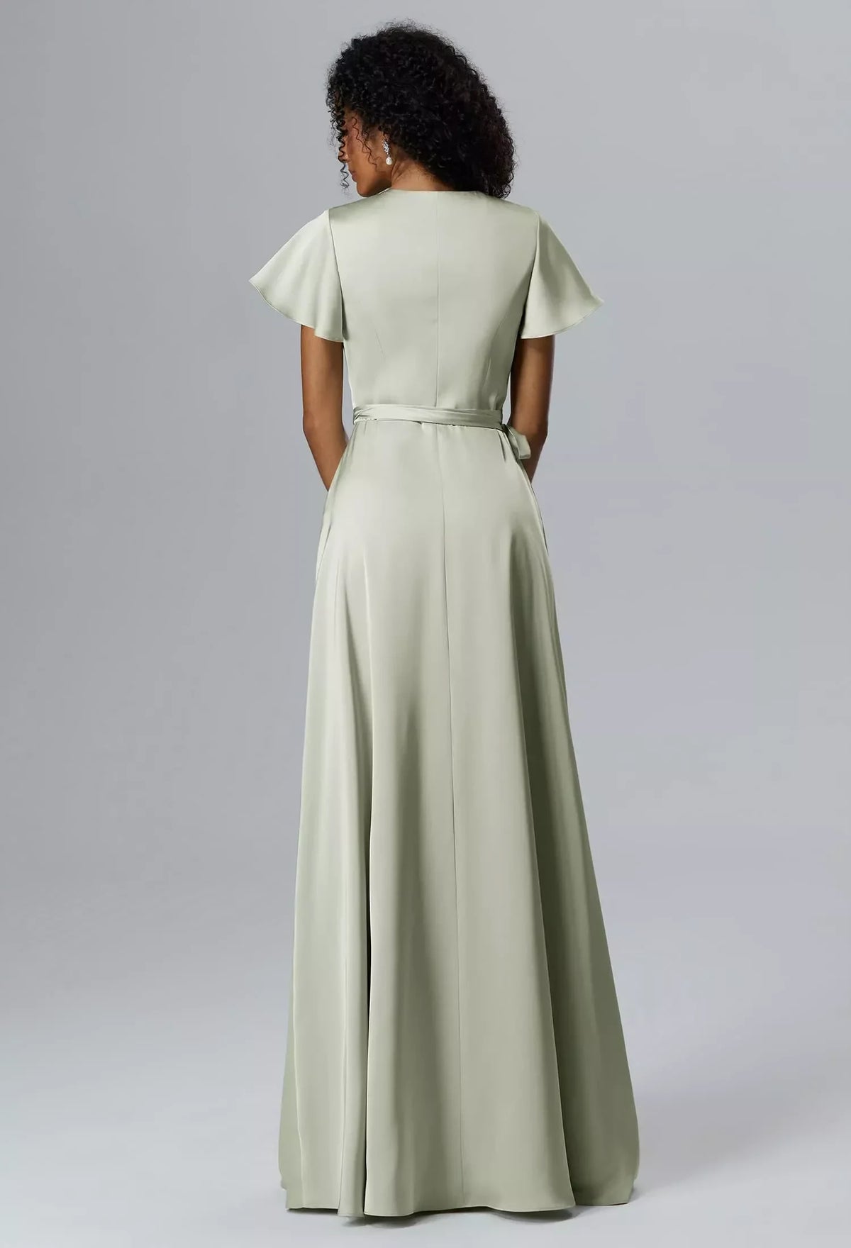 Elegant A-Line V-Neck Short-Sleeve Wrap Slit Sage Long Bridesmaid Dress Women