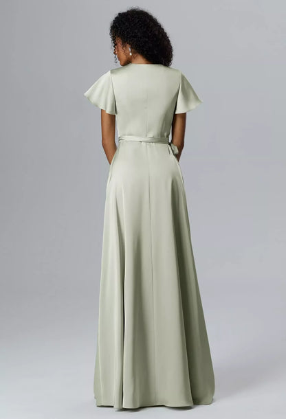 Elegant A-Line V-Neck Short-Sleeve Wrap Slit Sage Long Bridesmaid Dress Women