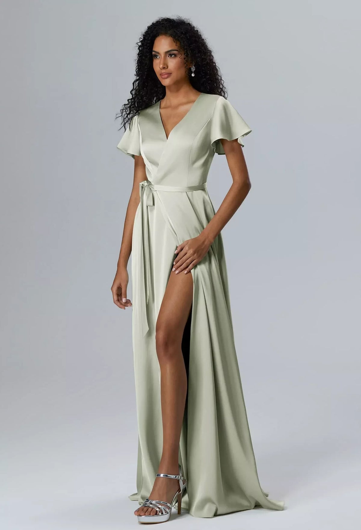 Elegant A-Line V-Neck Short-Sleeve Wrap Slit Sage Long Bridesmaid Dress Women