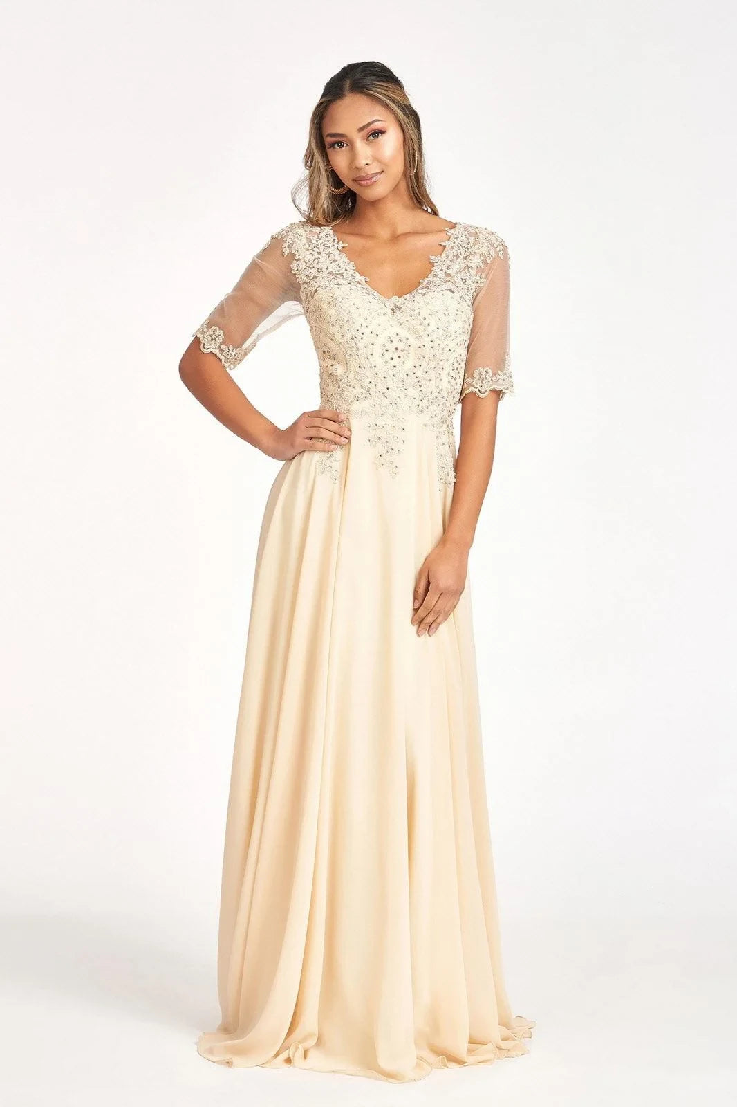 Elegant A-Line V-Neck Short Sleeve Beaded Champagne Floor-Length Mother of the Bride Gown