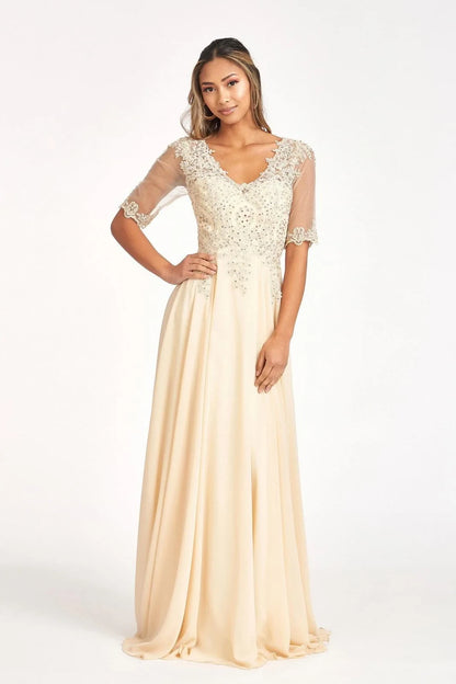 Elegant A-Line V-Neck Short Sleeve Beaded Champagne Floor-Length Mother of the Bride Gown