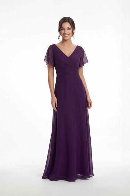 Elegant A-Line V-Neck Short Sleeve Embellished Deep Purple Floor-Length Mother of the Bride Gown