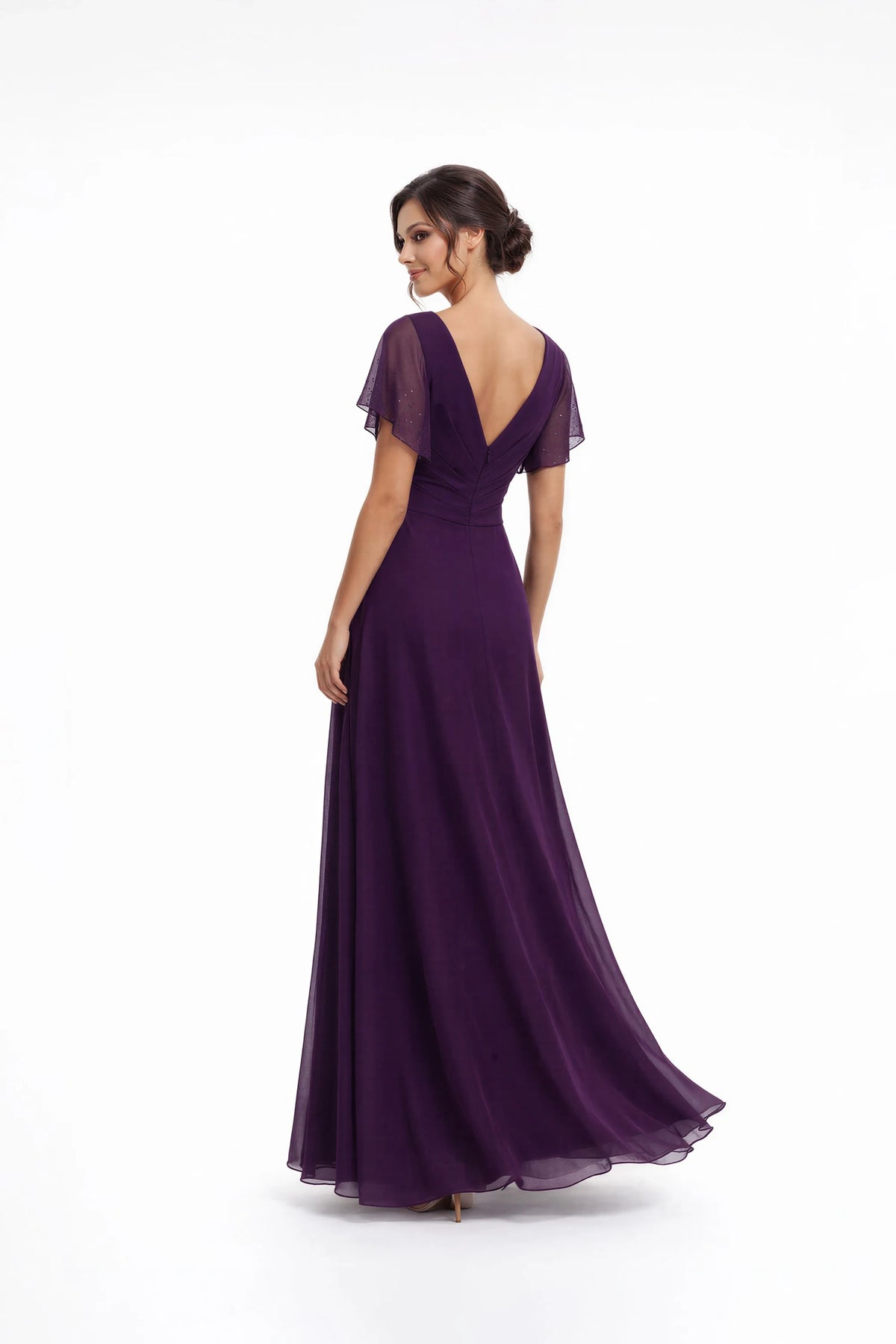 Elegant A-Line V-Neck Short Sleeve Embellished Deep Purple Floor-Length Mother of the Bride Gown