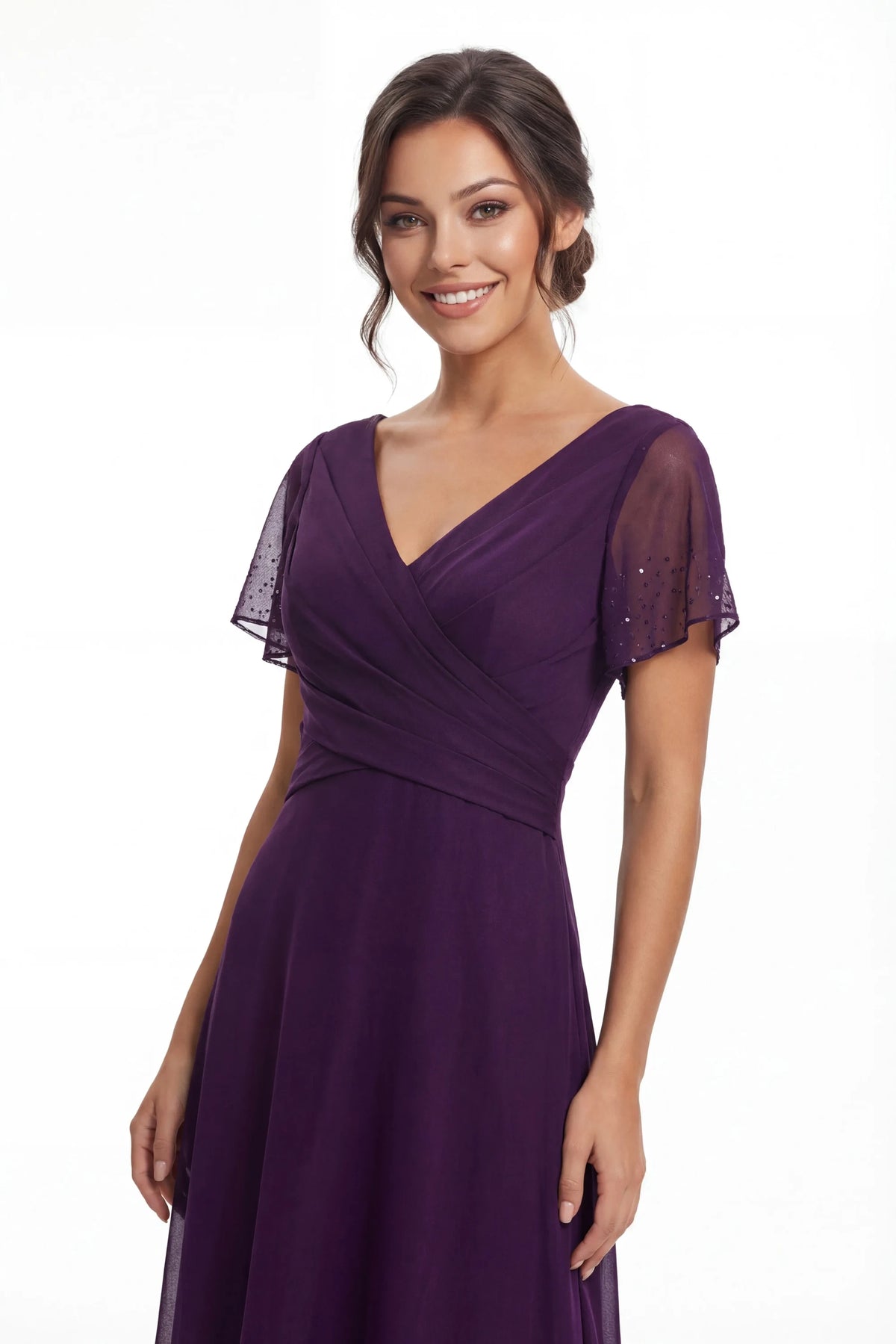 Elegant A-Line V-Neck Short Sleeve Embellished Deep Purple Floor-Length Mother of the Bride Gown