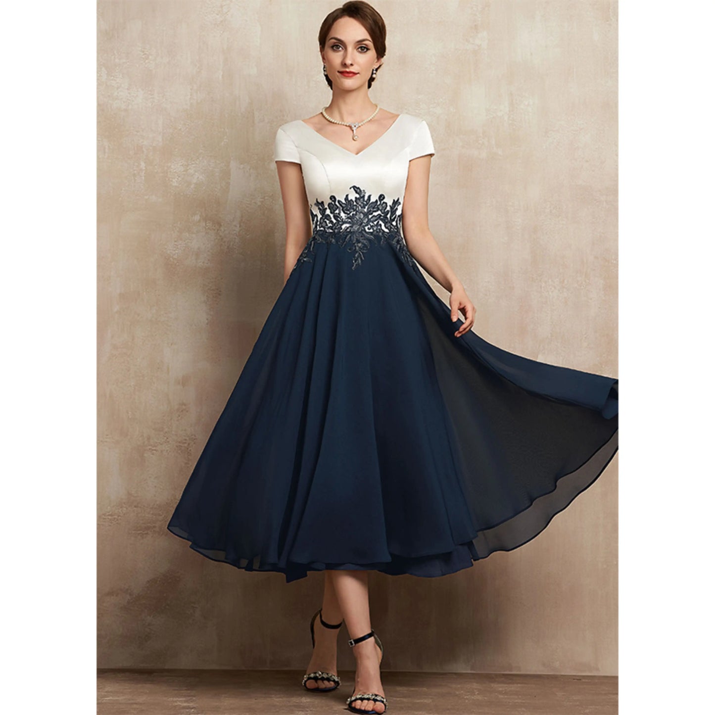 Elegant A-Line V-Neck Short Sleeve Embroidered Navy Midi Mother of the Bride Dress