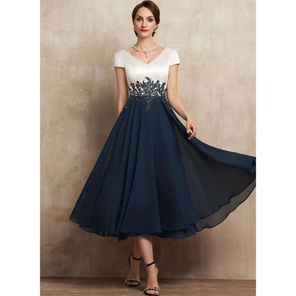 Elegant A-Line V-Neck Short Sleeve Embroidered Navy Midi Mother of the Bride Dress