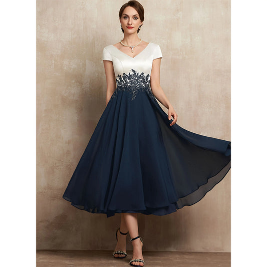 Elegant A-Line V-Neck Short Sleeve Embroidered Navy Midi Mother of the Bride Dress