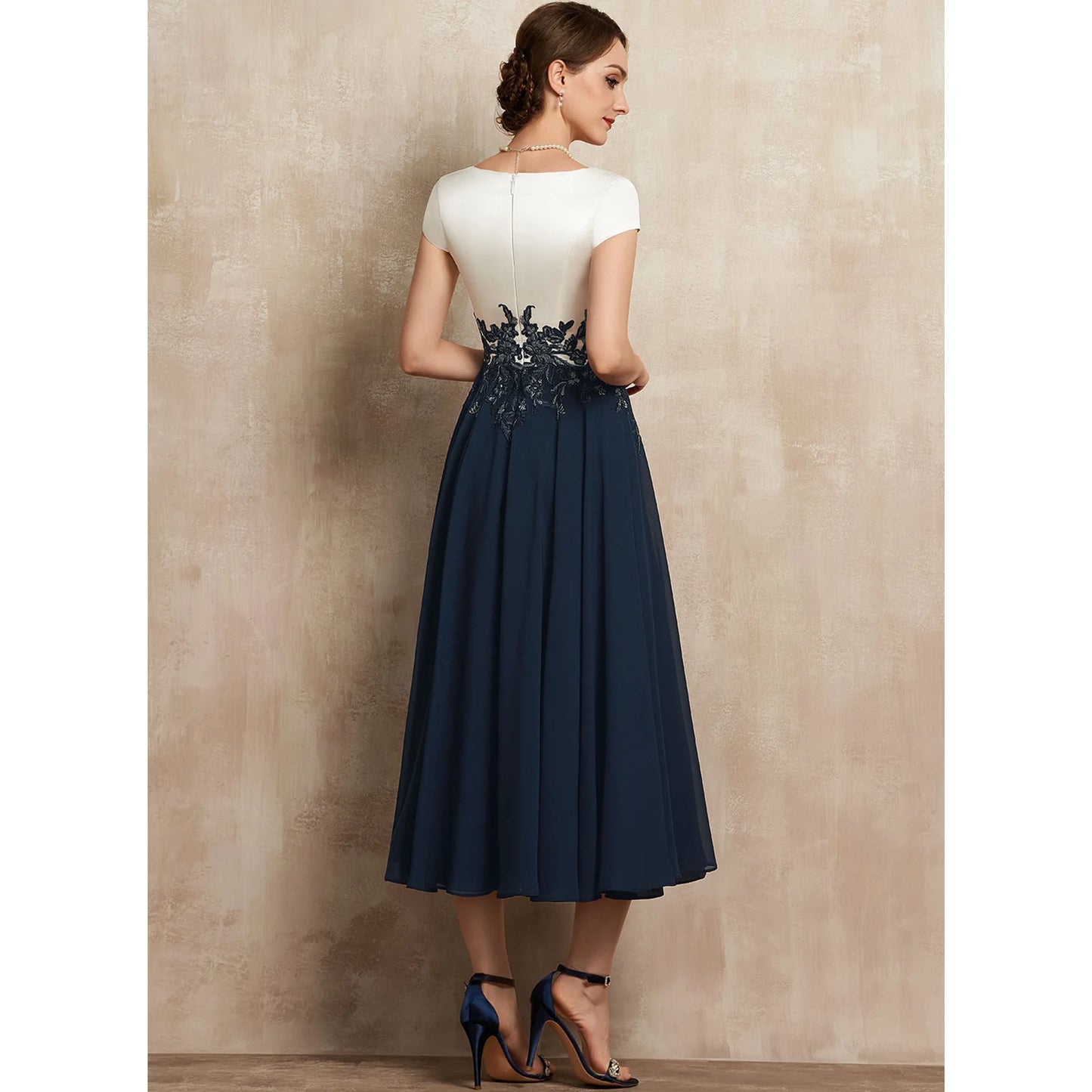 Elegant A-Line V-Neck Short Sleeve Embroidered Navy Midi Mother of the Bride Dress