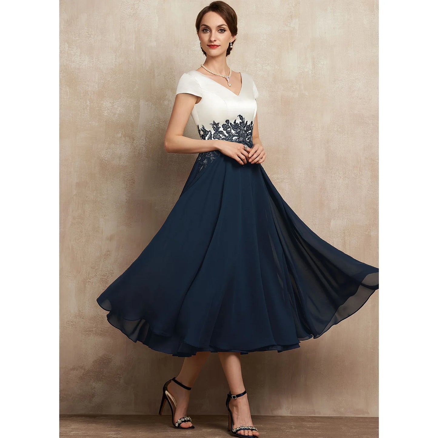Elegant A-Line V-Neck Short Sleeve Embroidered Navy Midi Mother of the Bride Dress