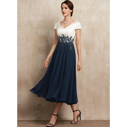 Elegant A-Line V-Neck Short Sleeve Embroidered Navy Midi Mother of the Bride Dress