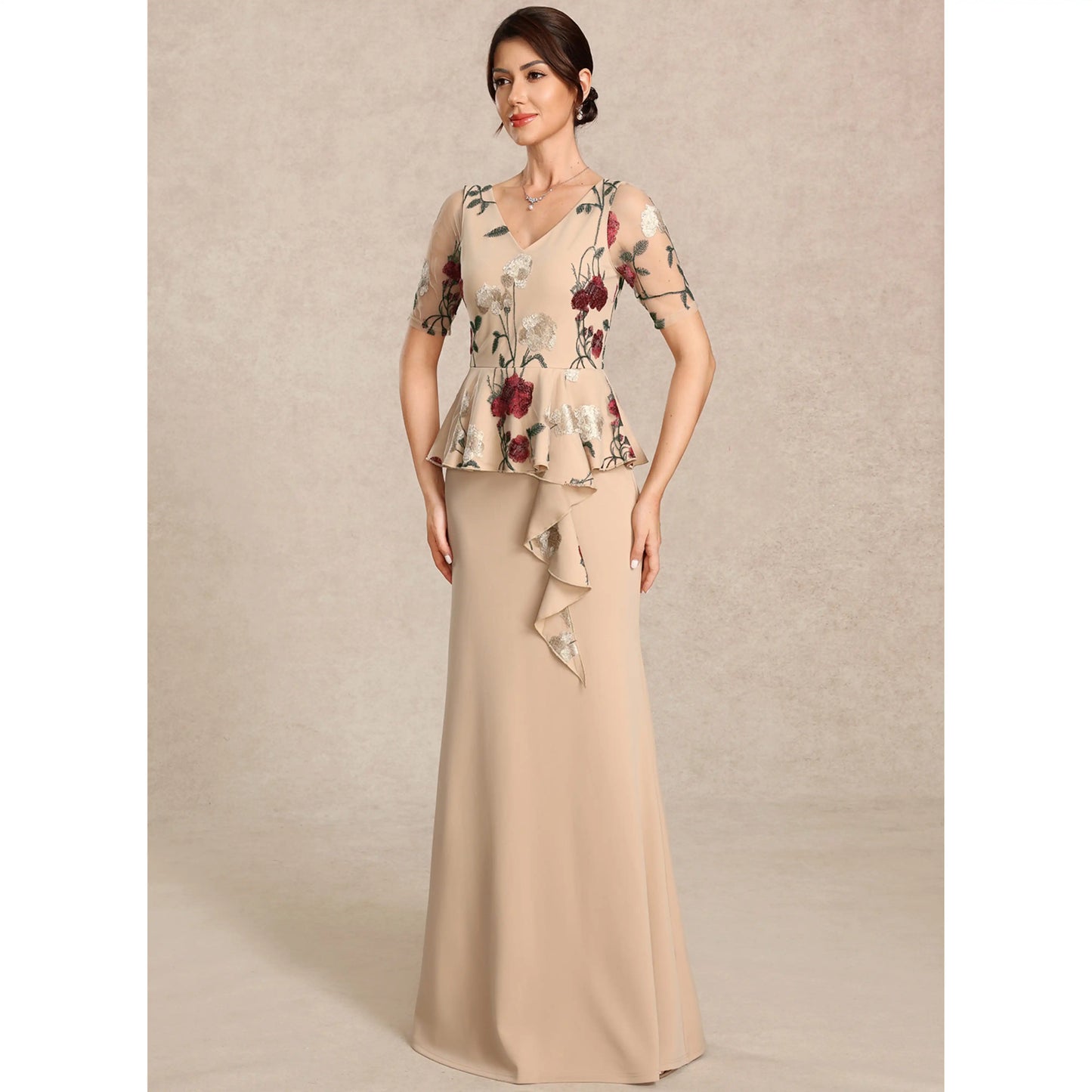Elegant A-Line V-Neck Short Sleeve Embroidered Peplum Champagne Mother of the Bride Dresses