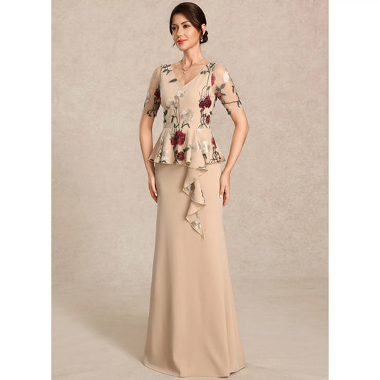 Elegant A-Line V-Neck Short Sleeve Embroidered Peplum Champagne Mother of the Bride Dresses