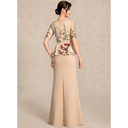 Elegant A-Line V-Neck Short Sleeve Embroidered Peplum Champagne Mother of the Bride Dresses