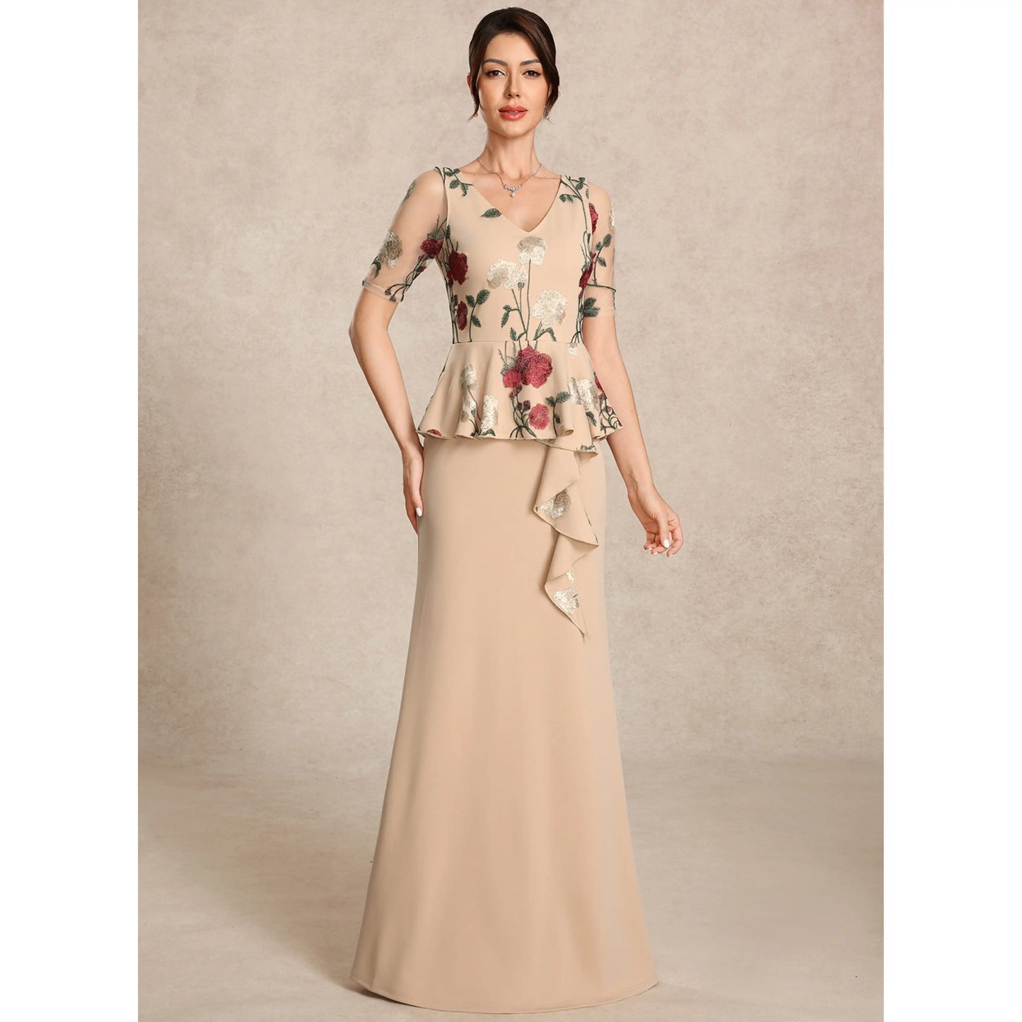 Elegant A-Line V-Neck Short Sleeve Embroidered Peplum Champagne Mother of the Bride Dresses